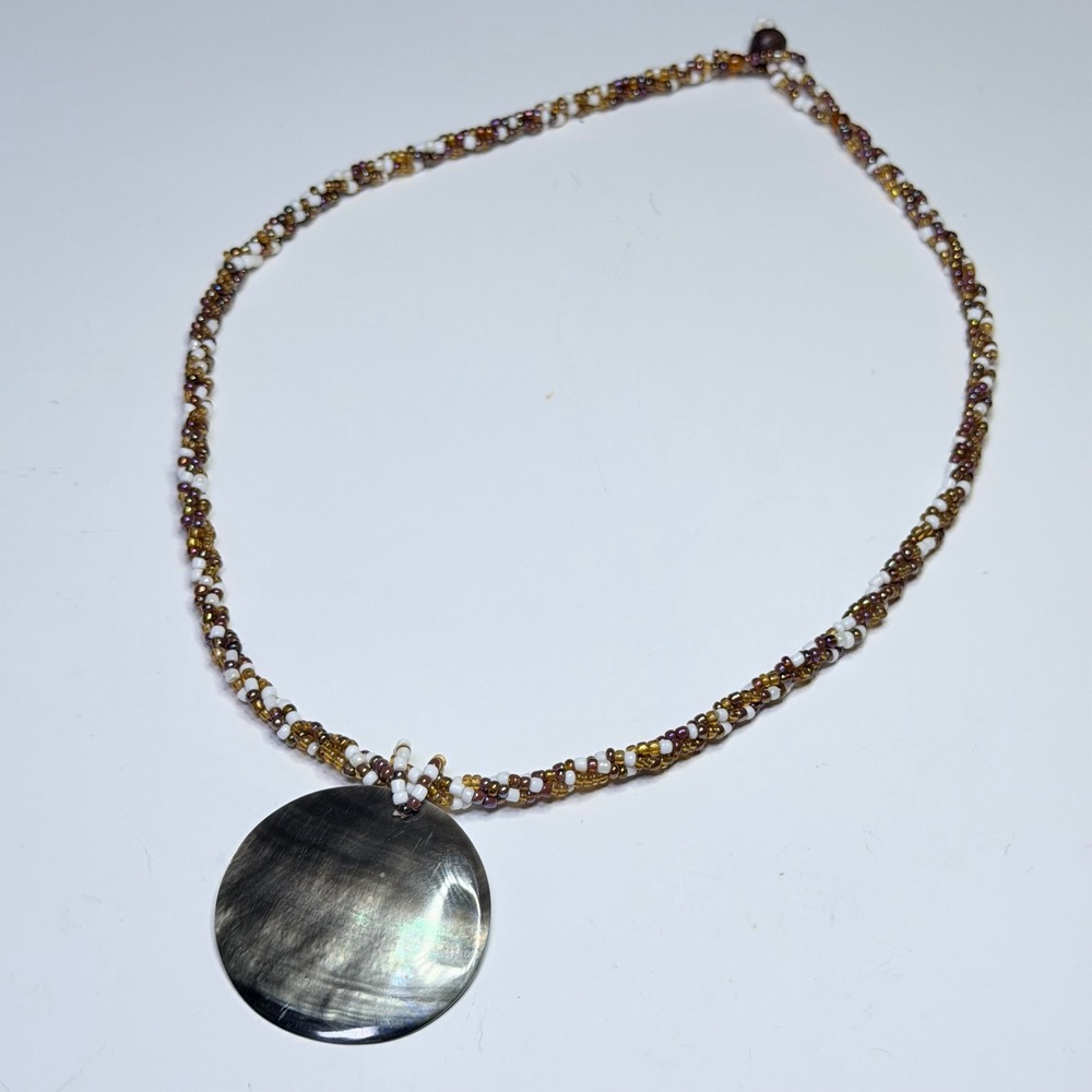 Handmade Beaded Necklace Black Shell Disc Pendant Boho Iridescent Brown White